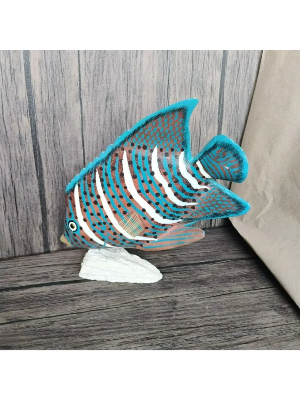 Hand-Painted Wooden Tropical Fish Figurine Blue Orange Stripes On Natural Base